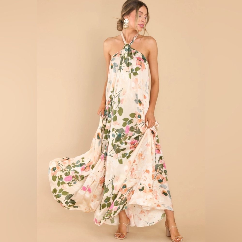 NWT Aakaa Dainty Love Tan Floral Print Maxi Dress Large